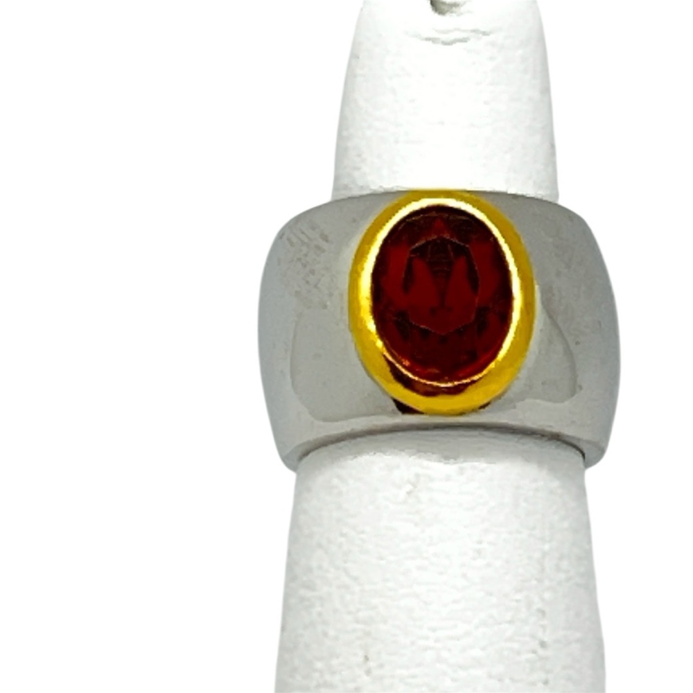 Unisex Silvertone Ring Imitation Garnet Size 4.5 Chunky Statement